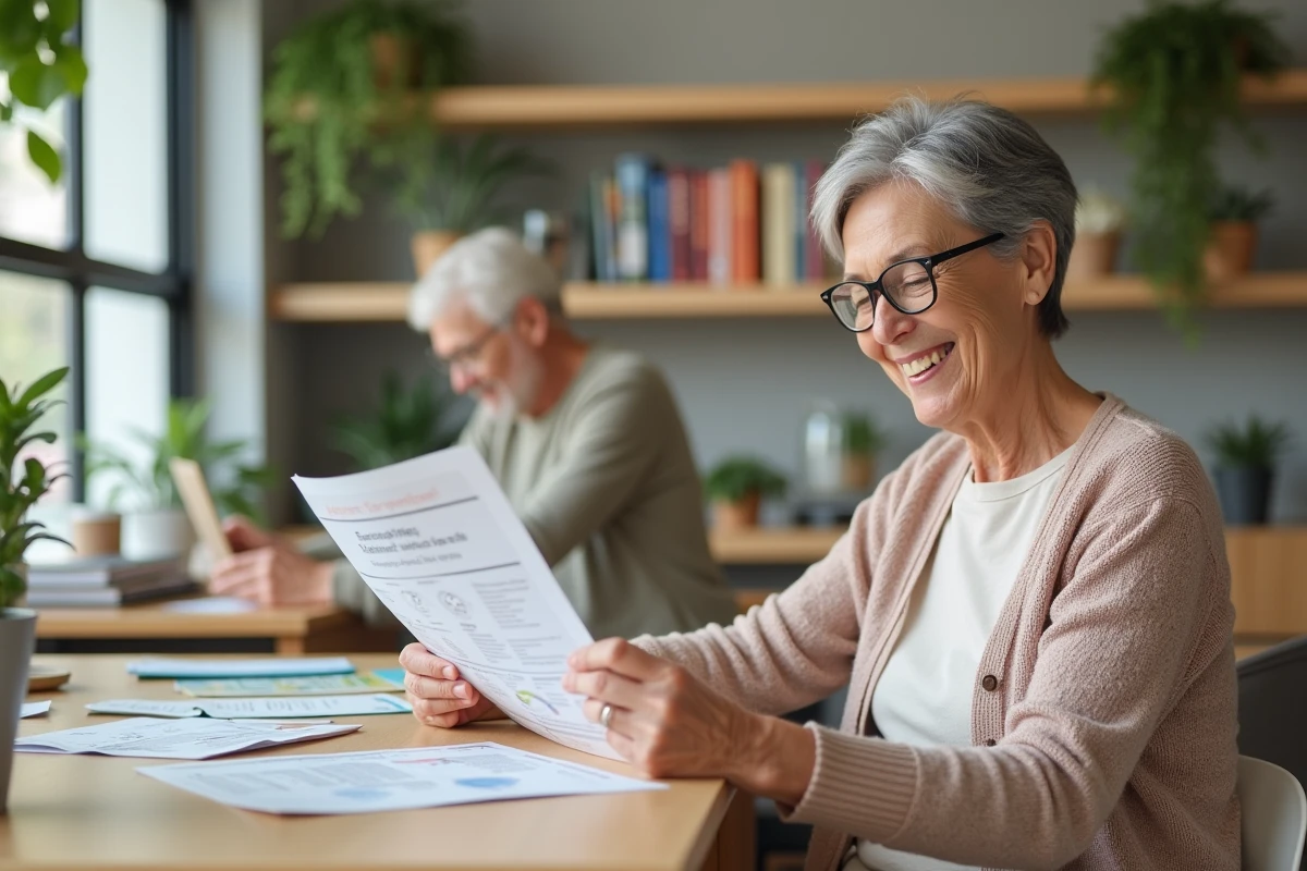 Femme senior souriante lisant une brochure d'activités