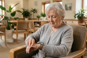 Une femme âgée en maison de retraite consulte sa montre connectée assise dans un fauteuil confortable