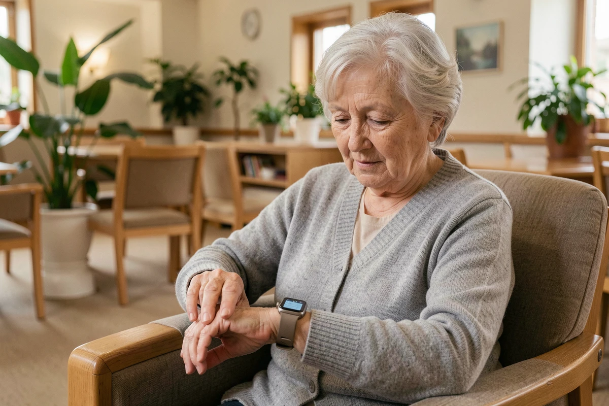 Une femme âgée en maison de retraite consulte sa montre connectée assise dans un fauteuil confortable