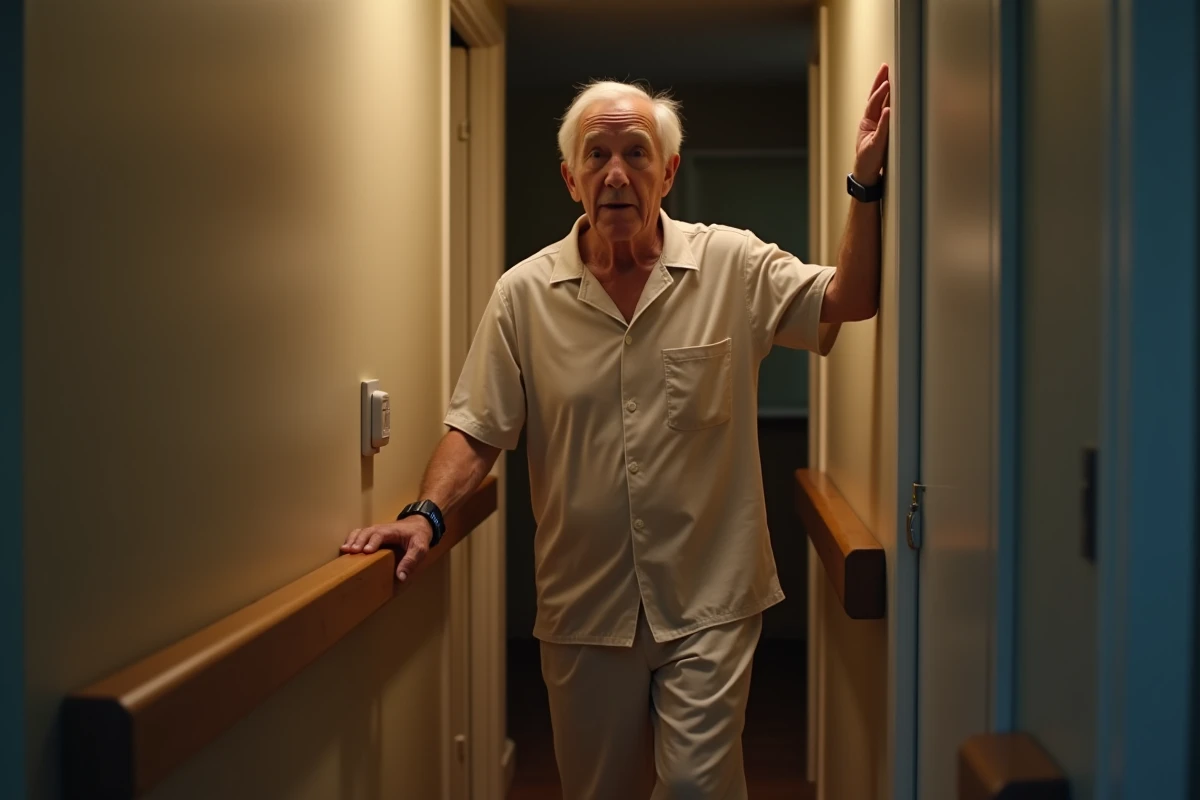 Homme âgé en pyjama avec montre de sécurité marchant dans le couloir de nuit pour aller aux toilettes