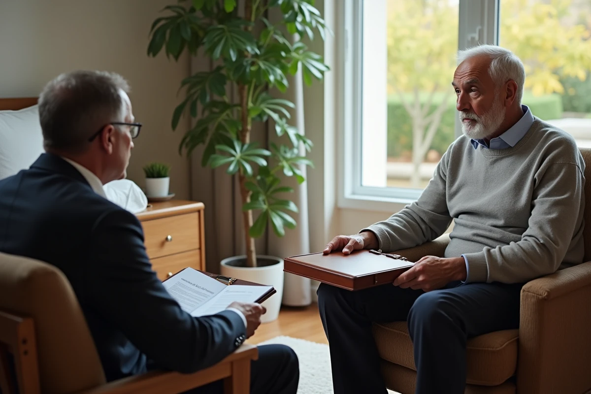 Un homme âgé en maison de retraite signe des documents notariaux en présence d'un notaire, illustrant les démarches légales liées au financement de l'hébergement et à la succession