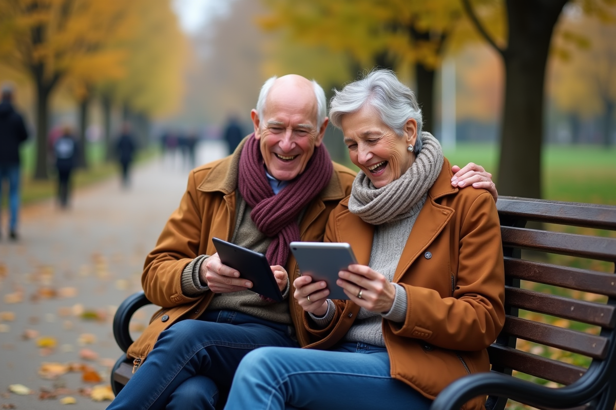 Seniors souriants partageant un moment dans un parc avec tablettes