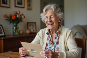 Seniorelle souriante ouvrant une enveloppe cadeau élégante