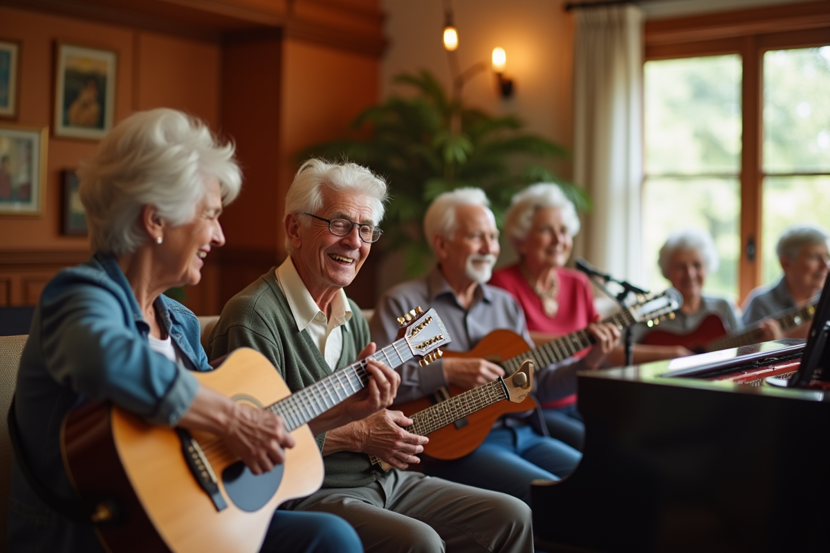 Groupe de seniors jouant de la musique ensemble dans une salle chaleureuse