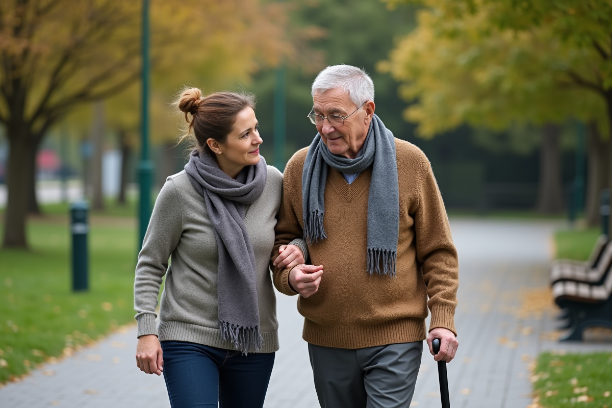 Senior avec aidant dans un parc en promenade
