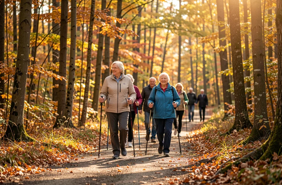 Seniors pratiquant la marche nordique avec des bâtons en forêt