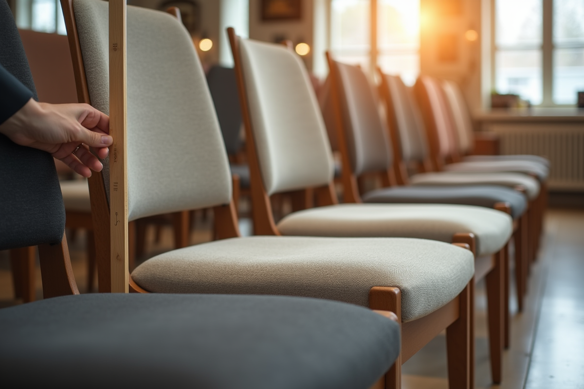 Showroom de meubles avec fauteuils et règle pour mesurer la hauteur