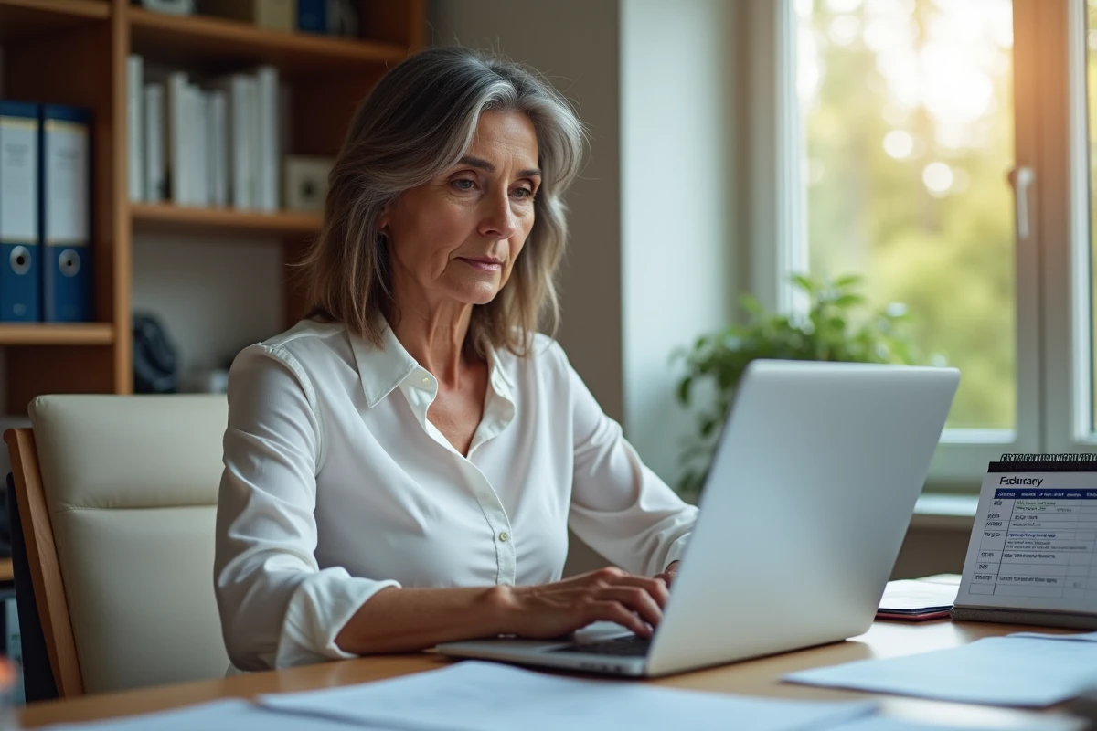 Femme consultant un portail de retraite en ligne avec des documents et un calendrier de délais sur son bureau