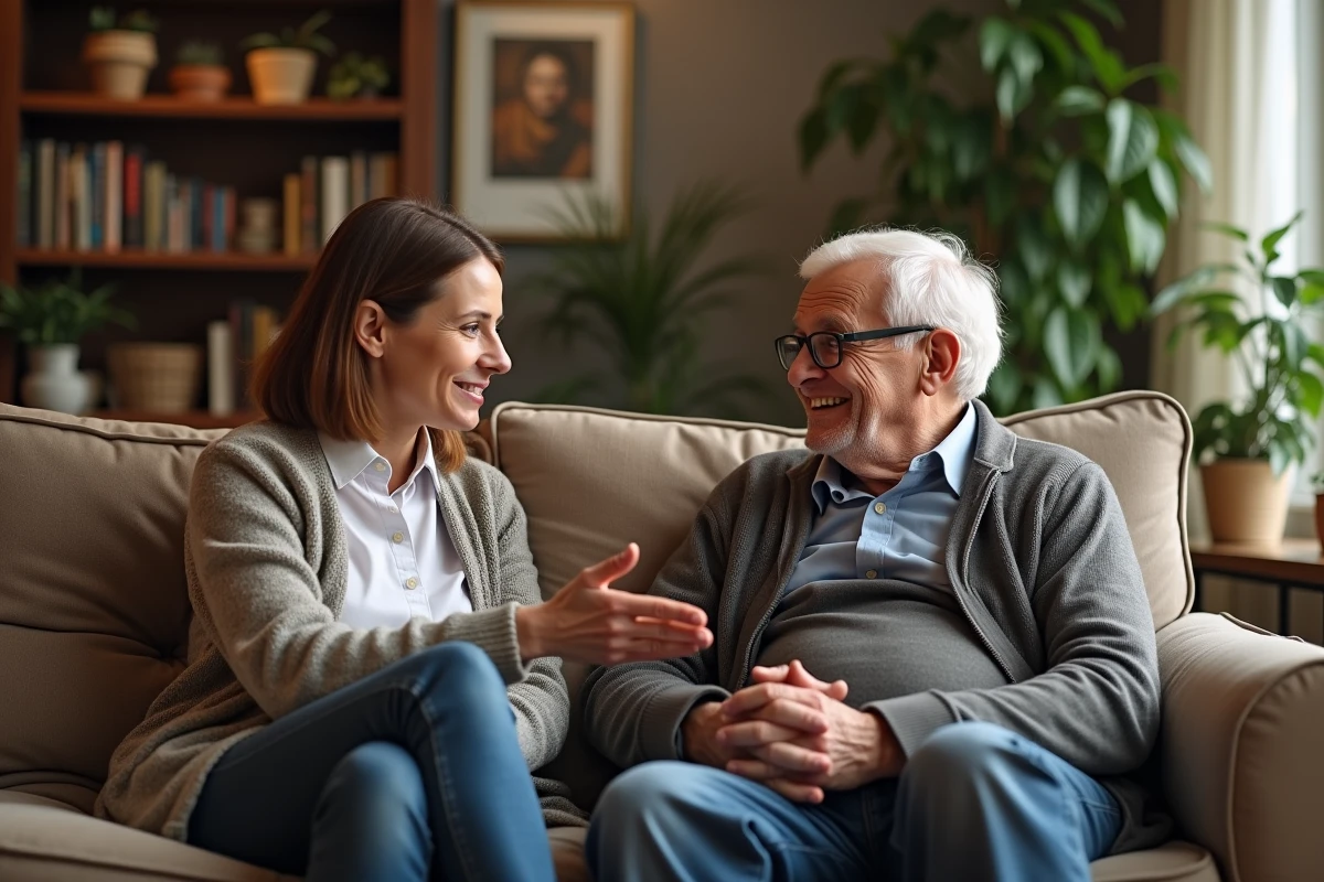 Travailleur social discute avec un homme âgé dans un salon