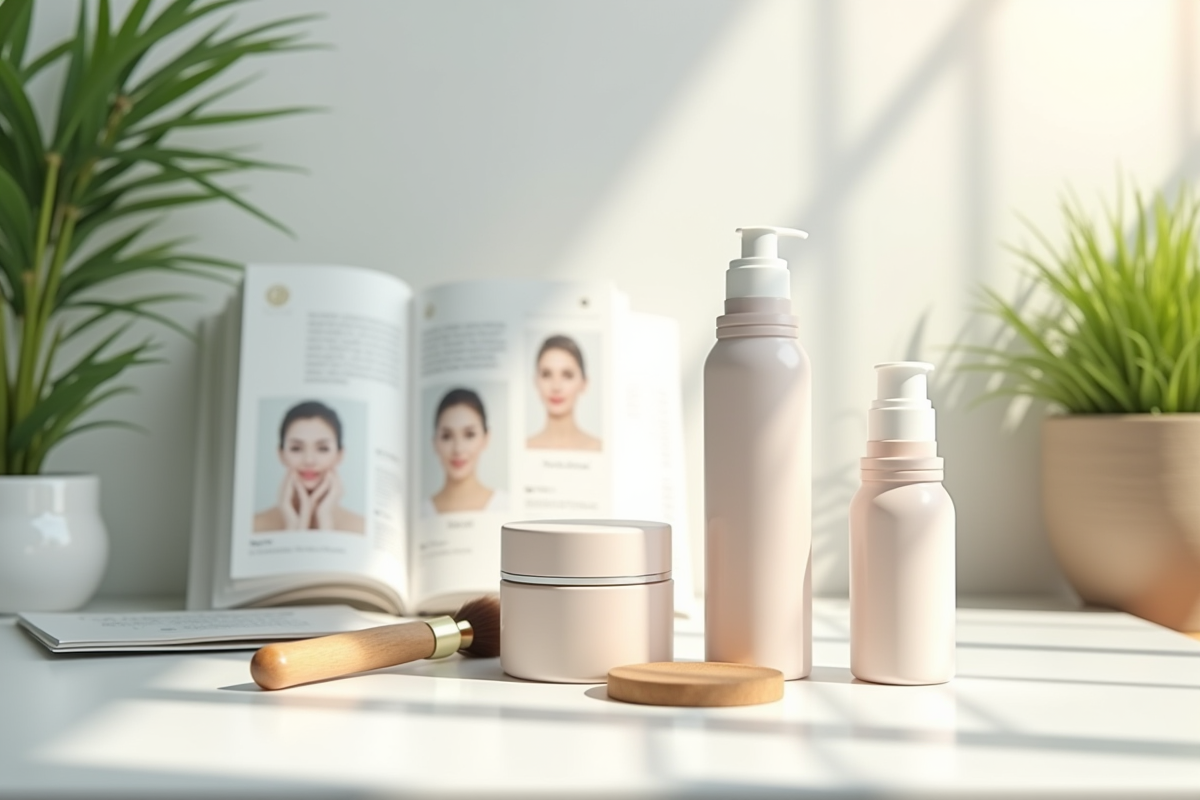 Ustensiles de soin et crèmes naturelles sur une table blanche