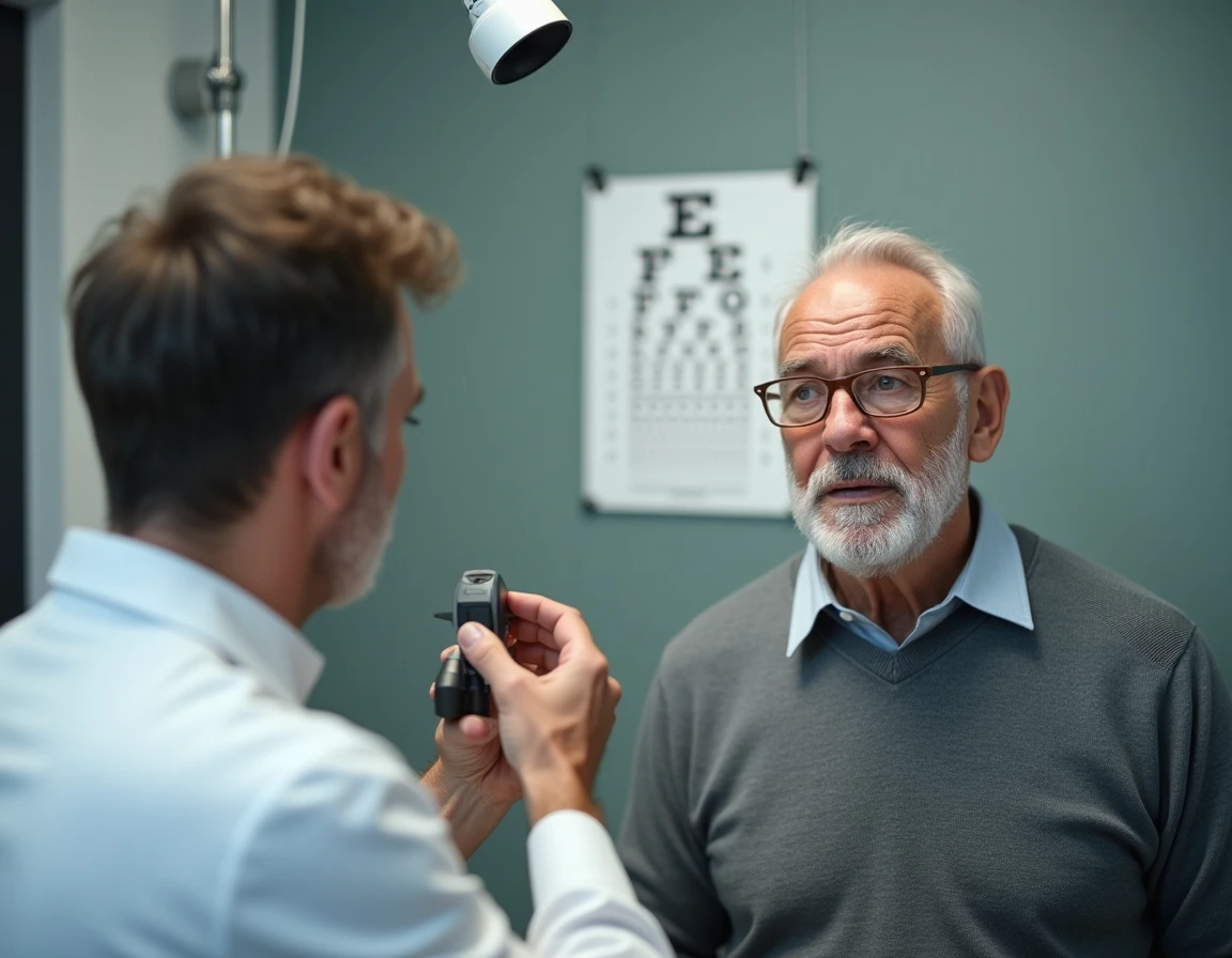 Un homme senior de plus de 70 ans passant un test de vision chez un ophtalmologiste dans le cadre du renouvellement de son permis de conduire