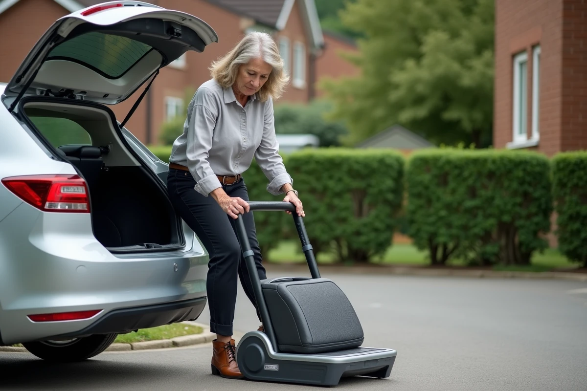Femme utilisant une bonne posture pour soulever un monte-escalier portable léger depuis le coffre d'une voiture