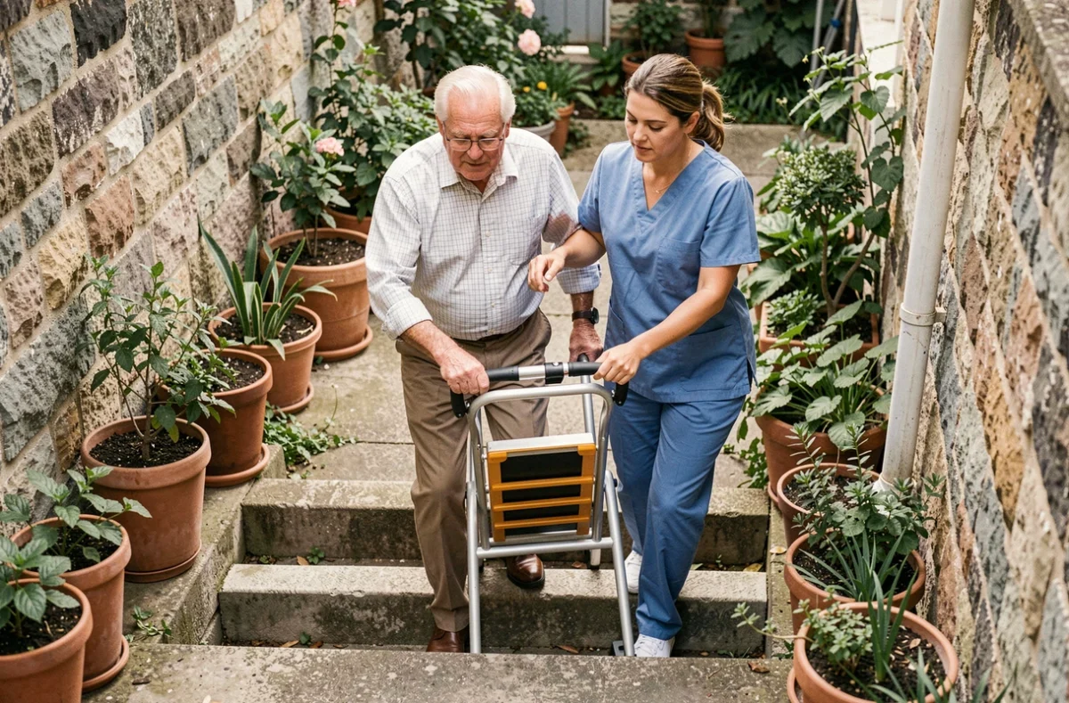 Personne âgée descendant un escalier extérieur en béton avec un monte escalier portable assistée par une soignante