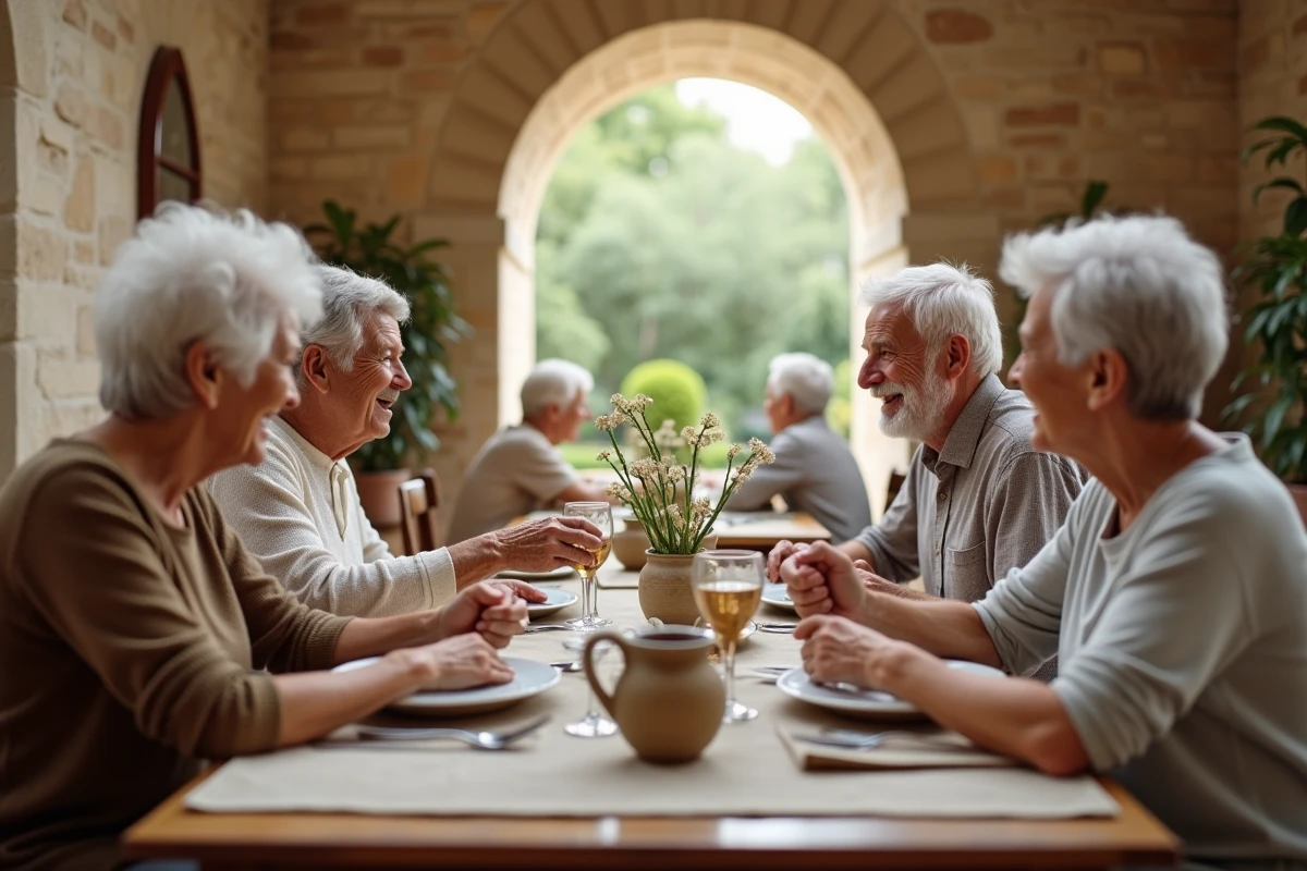 Groupe de retraités partageant un repas convivial dans la salle à manger d'une résidence senior à Nîmes