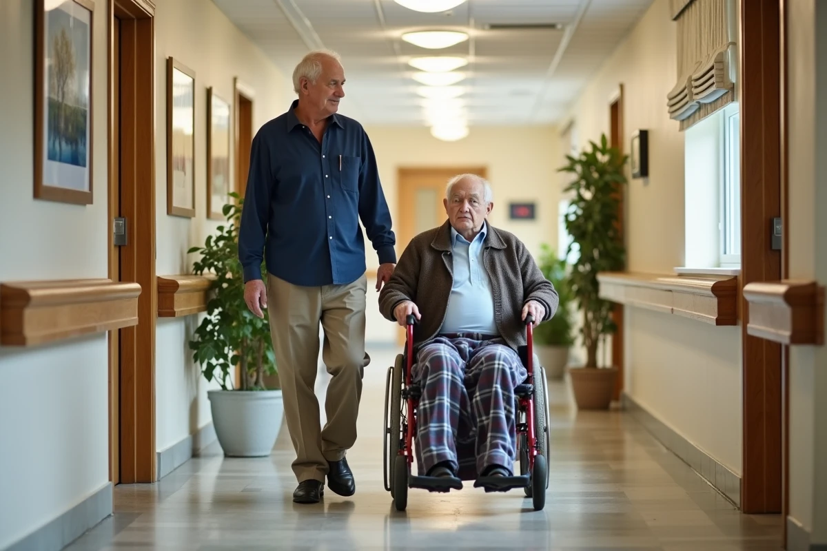Fils accompagnant son père en fauteuil roulant dans le couloir d'un EHPAD, visite familiale en maison de retraite