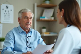 Un homme de plus de 70 ans en consultation médicale pour le renouvellement de son permis de conduire, face à un médecin examinant son dossier