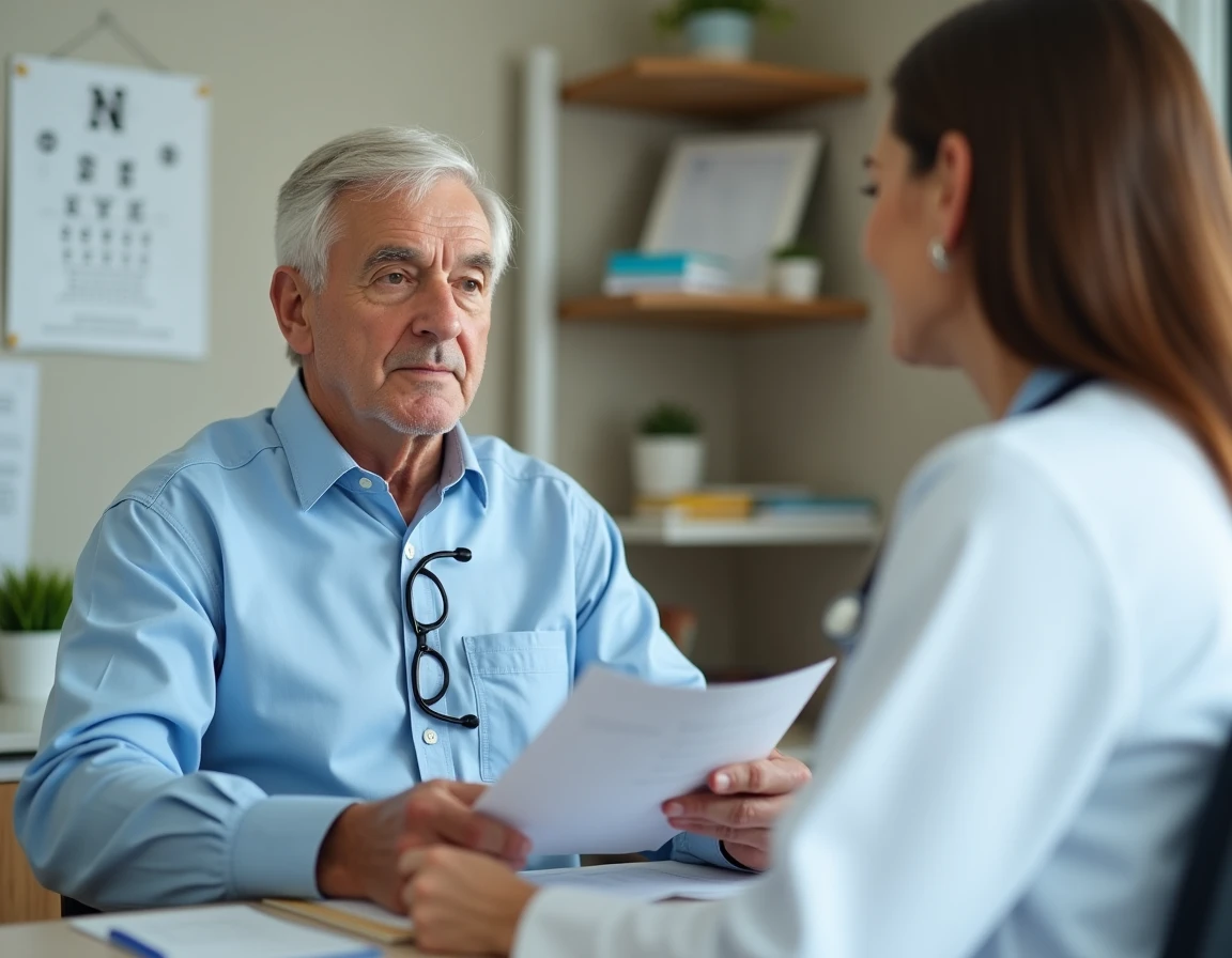 Un homme de plus de 70 ans en consultation médicale pour le renouvellement de son permis de conduire, face à un médecin examinant son dossier