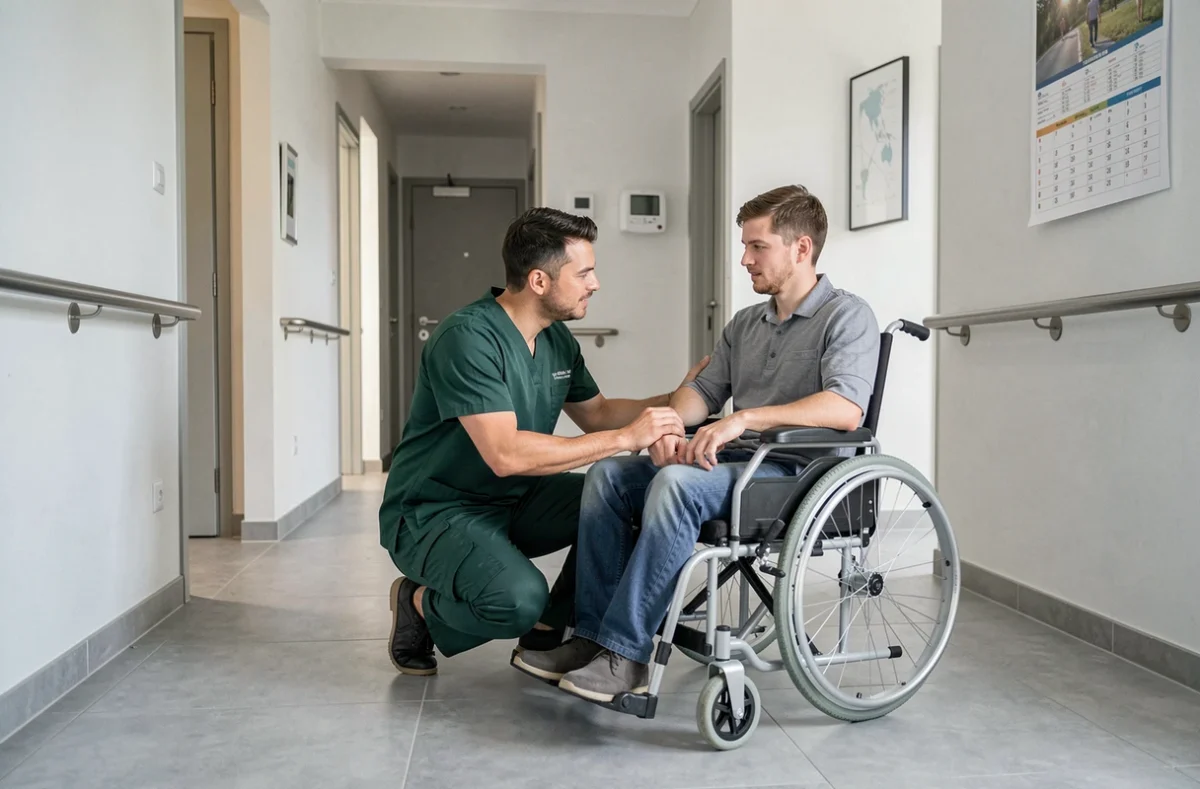 Un auxiliaire de vie Vitalliance spécialisé accompagne un homme en fauteuil roulant dans un appartement adapté au handicap à Toulon